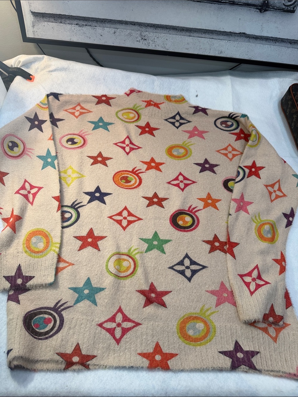 Beige Multicolor Star & Motif Crewneck Sweater